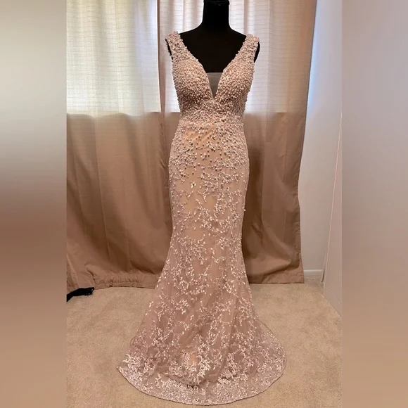 Blush pink Wedding Dress w/detachable train! Hand beaded pearls and lace! - Picture 4 of 12